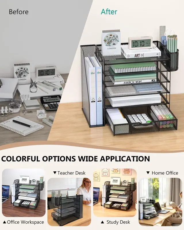 Alt view image 6 of 7 - Desk File Organizer, 6 Tier Desktop Paper Letter Tray Organizer with Drawer and 2 Pen Holders, Office Desk Accessories & Workspace Organizers for Office, Home Supplies(DO007DH-B), 1 Pack, Black