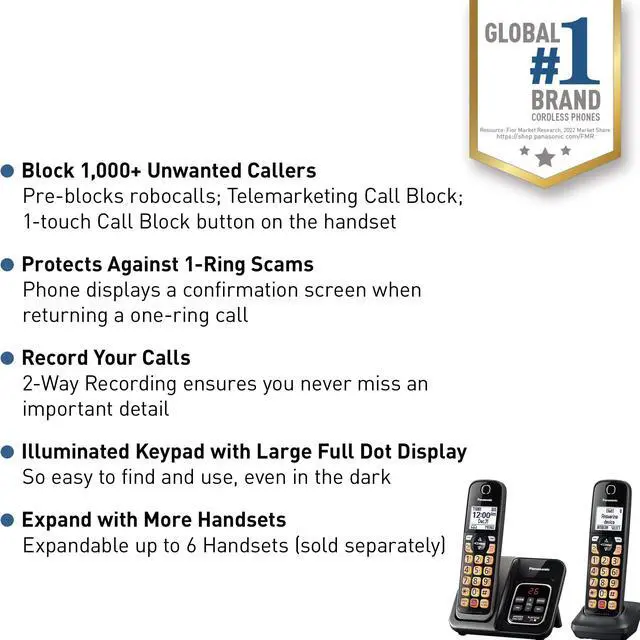 Alt view image 2 of 7 - Cordless Phone with Answering Machine, Advanced Call Block, Bilingual Caller ID and High-Contrast Display, Expandable System with 2 Handset Cordless Telephones - KX-TGD832M (Metallic Black)