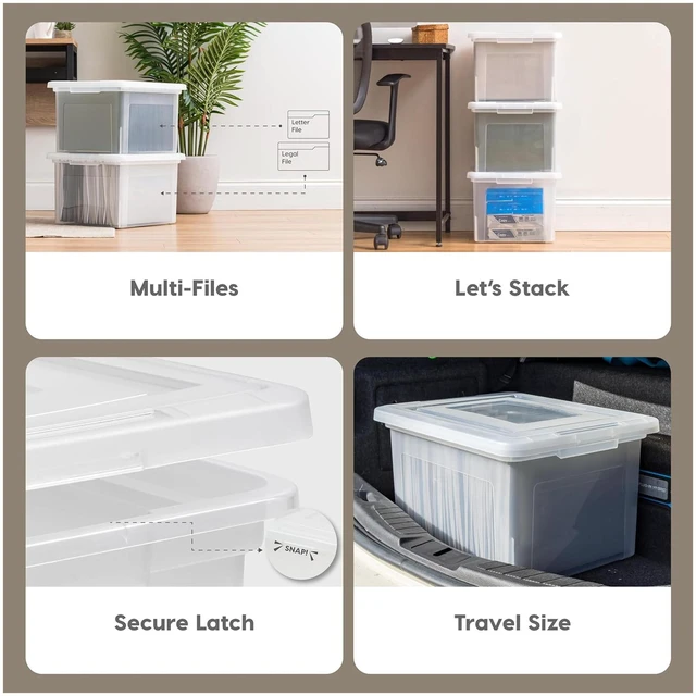 Alt view image 3 of 6 - 8 Pack File Box, Plastic Document Organizer with Lid, 35 Qt, Clear Portable Moving Box, Stackable and Secure Storage, Durable Container Set for Letter/Legal Files