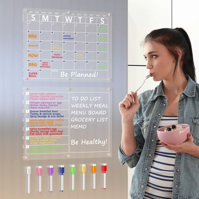 Alt view image 2 of 7 - Acrylic Magnetic Dry Erase Board Calendar for Fridge, Clear Monthly and Weekly Meal Planner Whiteboard Refrigerator, Menu Board for Kitchen, w/ 8 Colors Markers, 15"x11" (Pack of 2)