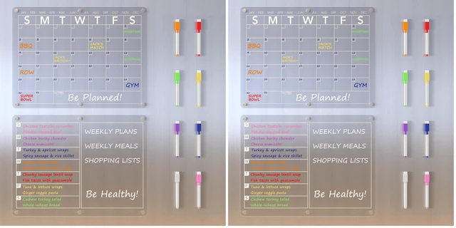 Main image of Acrylic Magnetic Dry Erase Board Calendar for Fridge, Clear Monthly and Weekly Meal Planner Whiteboard Refrigerator, Menu Board for Kitchen, w/ 8 Colors Markers, 15"x11" (Pack of 2)