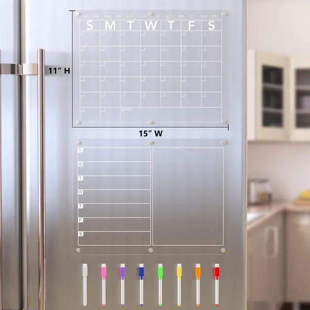 Alt view image 6 of 7 - Acrylic Magnetic Dry Erase Board Calendar for Fridge, Clear Monthly and Weekly Meal Planner Whiteboard Refrigerator, Menu Board for Kitchen, w/ 8 Colors Markers, 15"x11" (Pack of 2)