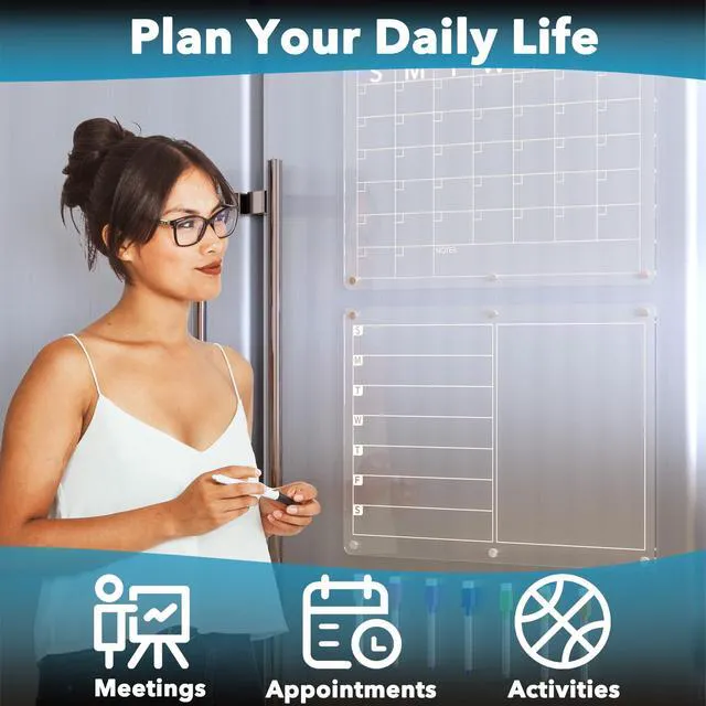Alt view image 4 of 7 - Acrylic Magnetic Dry Erase Board Calendar for Fridge, Clear Monthly and Weekly Meal Planner Whiteboard Refrigerator, Menu Board for Kitchen, w/ 8 Colors Markers, 15"x11" (Pack of 2)