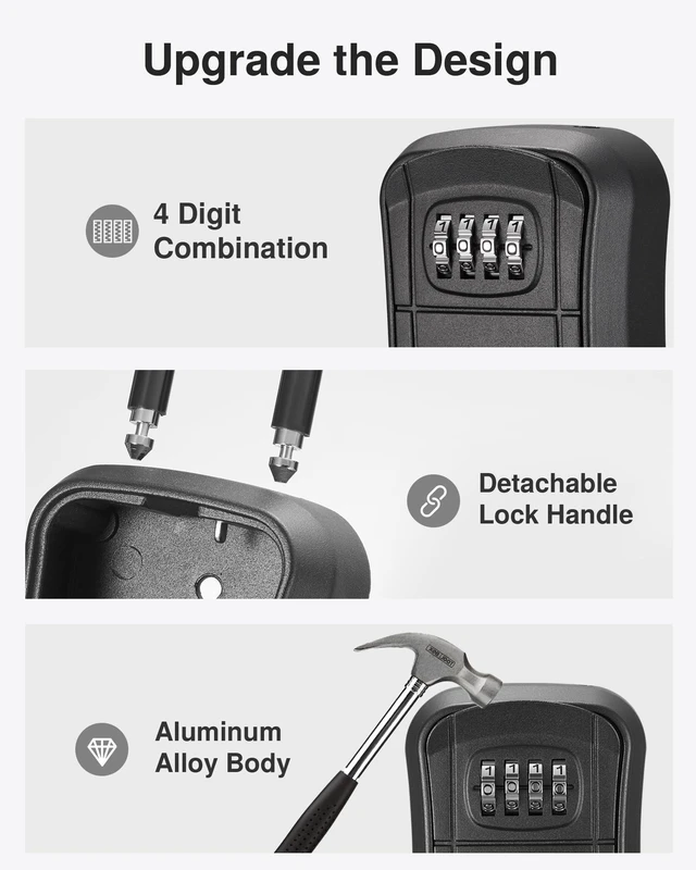 Alt view image 4 of 7 - Key Lock Box Outdoor 4 Digit Code Combination Lockbox House, 4 Black For Contractors Guest Realtor Storage Keys, Portable, Home Wall Mount, Resettable, Combination, Weatherproof, High-capacity