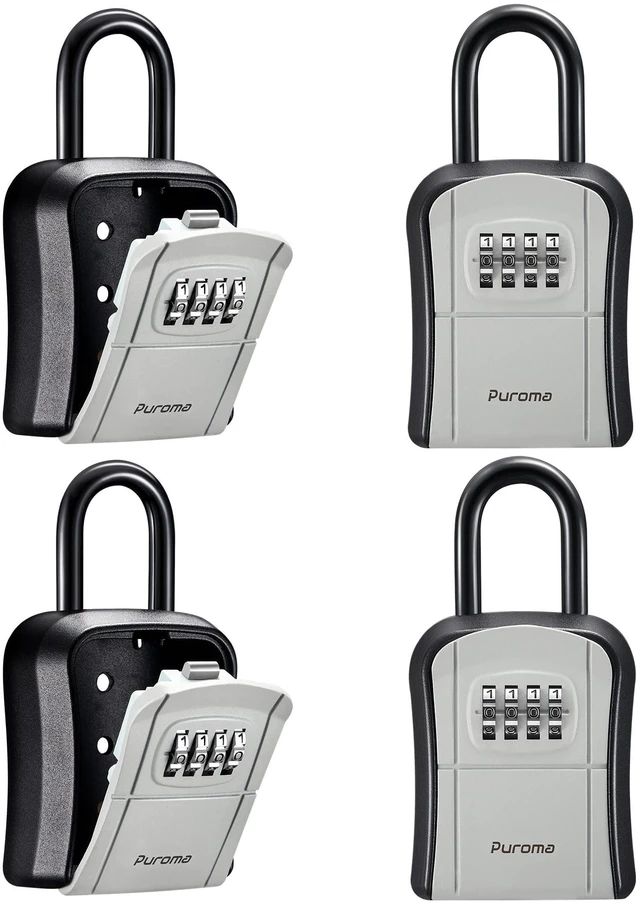 Main image of Key Lock Box Outdoor 4 Digit Code Combination Lockbox House, 4 Gray For Contractors Guest Realtor Storage Keys, Portable, Home Wall Mount, Resettable, Combination, Weatherproof, High-capacity