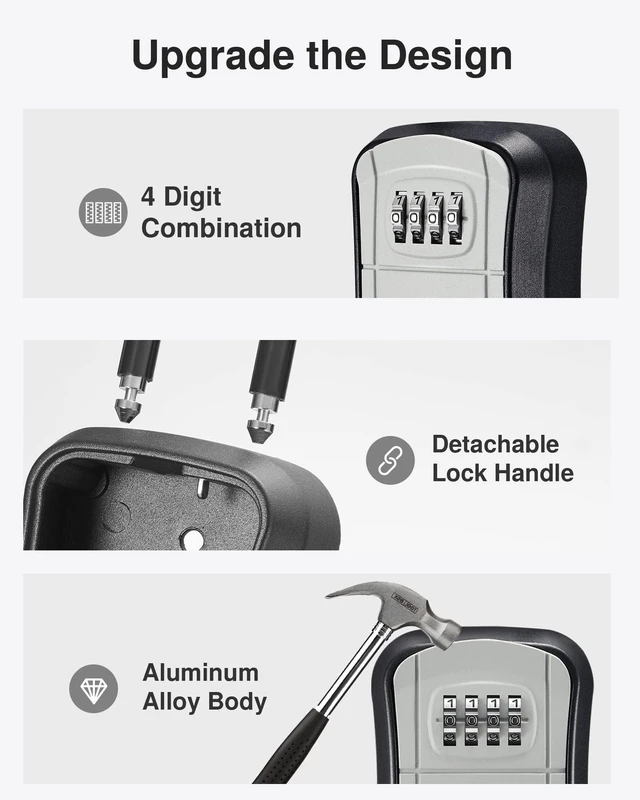 Alt view image 4 of 7 - Key Lock Box Outdoor 4 Digit Code Combination Lockbox House, 4 Gray For Contractors Guest Realtor Storage Keys, Portable, Home Wall Mount, Resettable, Combination, Weatherproof, High-capacity