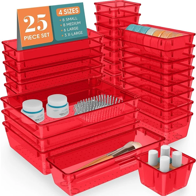 Main image of 25 PCS Plastic Drawer Organizer Set, Makeup Organizers and Storage Bins 4 Sizes Desk Drawer Divider Organizers and Storage Bins for Jewelry, Gadgets for Kitchen, Bedroom, Bathroom, Office, Red