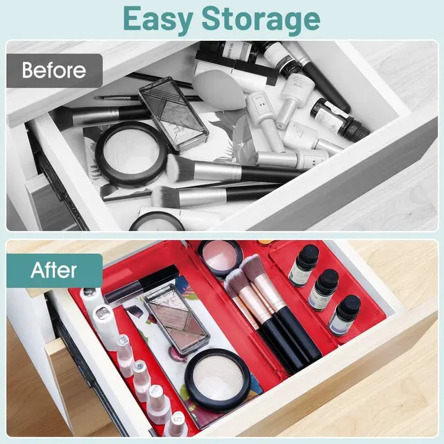 Alt view image 4 of 6 - 25 PCS Plastic Drawer Organizer Set, Makeup Organizers and Storage Bins 4 Sizes Desk Drawer Divider Organizers and Storage Bins for Jewelry, Gadgets for Kitchen, Bedroom, Bathroom, Office, Red