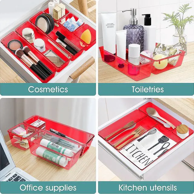 Alt view image 5 of 6 - 25 PCS Plastic Drawer Organizer Set, Makeup Organizers and Storage Bins 4 Sizes Desk Drawer Divider Organizers and Storage Bins for Jewelry, Gadgets for Kitchen, Bedroom, Bathroom, Office, Red