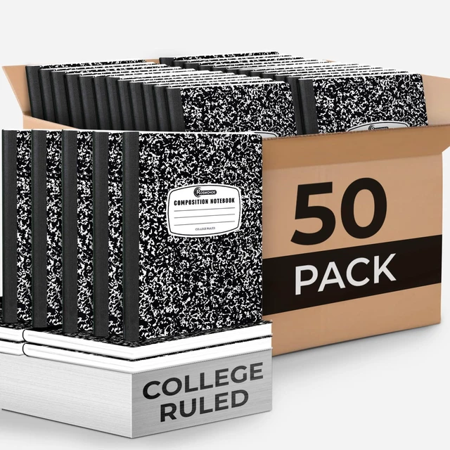 Main image of 50 Pack Bulk Composition Notebooks, College Ruled, Marble Notebook Bulk School Supplies, 200 Pgs (100 Sheets), 9-3/4 x 7-1/2, Hard Cover Composition Book, Black Marble, Notebooks for School