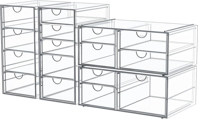 Main image of 4-Pack Acrylic 16-Drawer Storage & Makeup Organizer for Desk Smooth-glide drawers, clear acrylic, stackable, dustproof, wipe clean, for office supplies, pens, jewelry, makeup