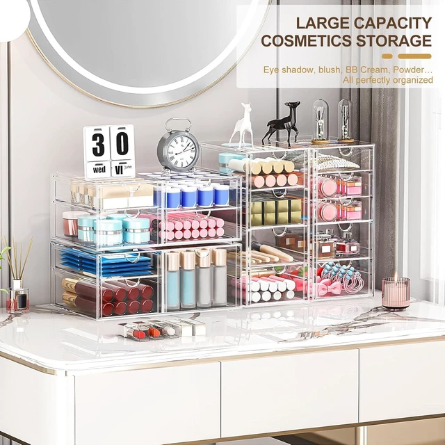 Alt view image 3 of 7 - 4-Pack Acrylic 16-Drawer Storage & Makeup Organizer for Desk Smooth-glide drawers, clear acrylic, stackable, dustproof, wipe clean, for office supplies, pens, jewelry, makeup