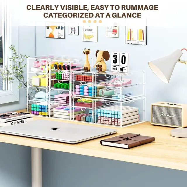 Alt view image 4 of 7 - 4-Pack Acrylic 16-Drawer Storage & Makeup Organizer for Desk Smooth-glide drawers, clear acrylic, stackable, dustproof, wipe clean, for office supplies, pens, jewelry, makeup