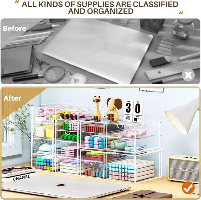 Alt view image 5 of 7 - 4-Pack Acrylic 16-Drawer Storage & Makeup Organizer for Desk Smooth-glide drawers, clear acrylic, stackable, dustproof, wipe clean, for office supplies, pens, jewelry, makeup