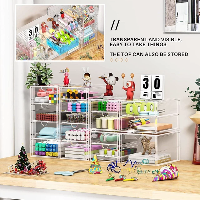 Alt view image 6 of 7 - 4-Pack Acrylic 16-Drawer Storage & Makeup Organizer for Desk Smooth-glide drawers, clear acrylic, stackable, dustproof, wipe clean, for office supplies, pens, jewelry, makeup