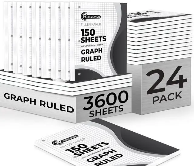 Main image of Loose Leaf Paper Bulk, 3600 Sheets, 24 Pack, Graph Ruled Sheets Bulk Graph Paper, 8 x 10.5", 150 Sheets/Pack, 3 Hole Punch, Quad Ruled, Fits Standard Binders, Fights Ink Bleed, White