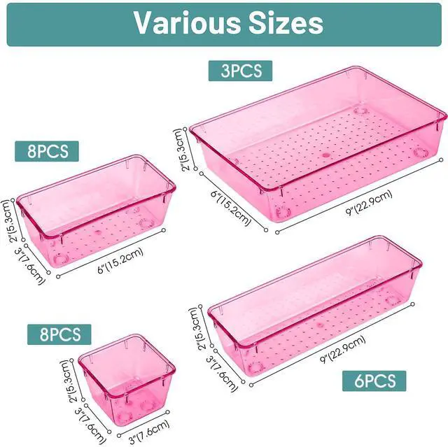 Alt view image 2 of 6 - 25 PCS Plastic Drawer Organizer Set, Makeup Organizers and Storage Bins 4 Sizes Desk Drawer Divider Organizers and Storage Bins for Jewelry, Gadgets for Kitchen, Bedroom, Bathroom, Clear Pink
