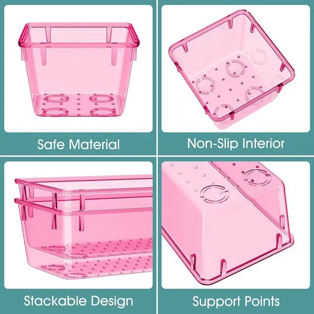 Alt view image 3 of 6 - 25 PCS Plastic Drawer Organizer Set, Makeup Organizers and Storage Bins 4 Sizes Desk Drawer Divider Organizers and Storage Bins for Jewelry, Gadgets for Kitchen, Bedroom, Bathroom, Clear Pink