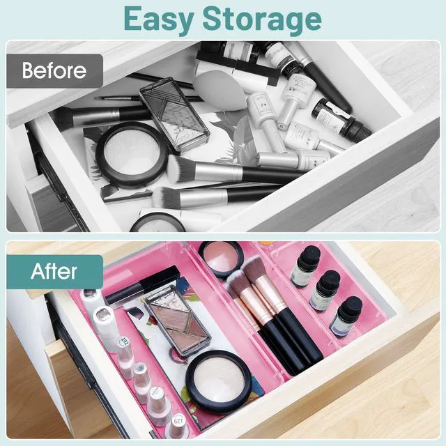 Alt view image 4 of 6 - 25 PCS Plastic Drawer Organizer Set, Makeup Organizers and Storage Bins 4 Sizes Desk Drawer Divider Organizers and Storage Bins for Jewelry, Gadgets for Kitchen, Bedroom, Bathroom, Clear Pink