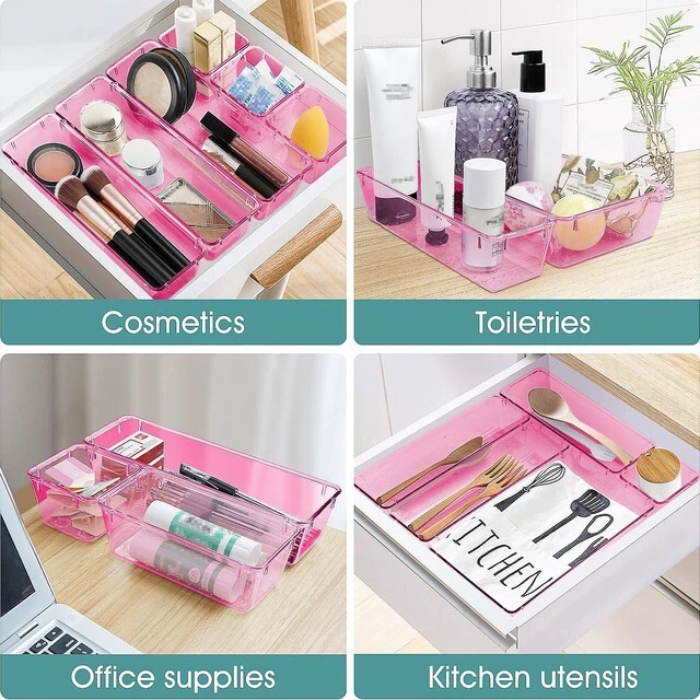 Alt view image 5 of 6 - 25 PCS Plastic Drawer Organizer Set, Makeup Organizers and Storage Bins 4 Sizes Desk Drawer Divider Organizers and Storage Bins for Jewelry, Gadgets for Kitchen, Bedroom, Bathroom, Clear Pink