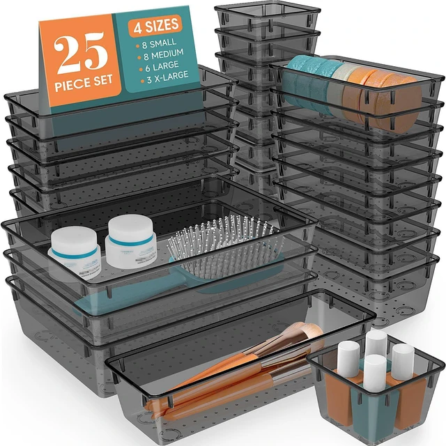Main image of 25 PCS Plastic Drawer Organizer Set, Makeup Organizers and Storage Bins 4 Sizes Desk Drawer Divider Organizers and Storage Bins for Jewelry, Gadgets for Kitchen, Bedroom, Bathroom, Office, Black