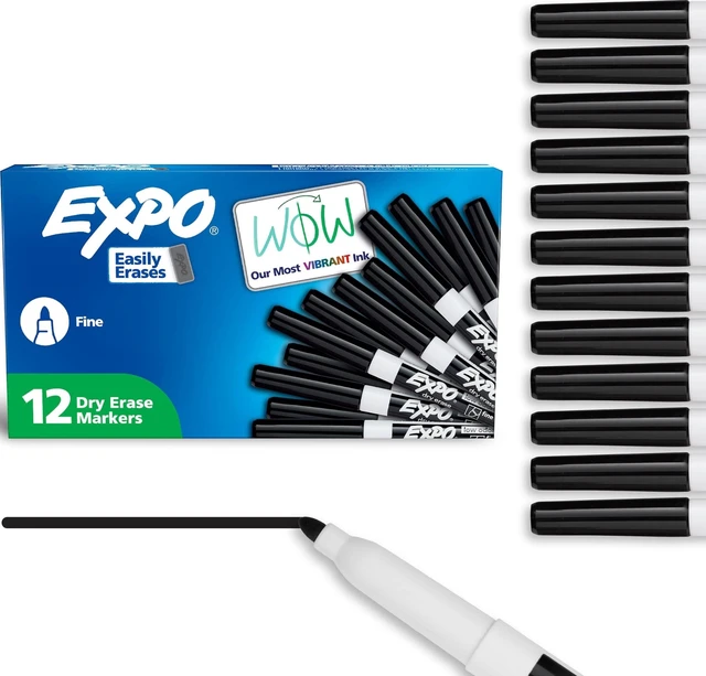 Main image of Dry Erase Markers, Low Odor Ink, Black, Fine Tip, 12 Count - Whiteboard, Calendar, Organization, Essential Supplies for Office, School, Classroom, Teachers