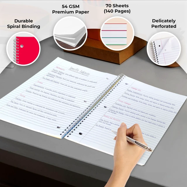 Alt view image 5 of 7 - 50 Pack, 1 Subject Spiral Notebook Wide Ruled Bulk, 70 Sheets Bulk Subject Notebooks, 140 Pages, 8 x 10-1/2", 3 Hole Punched, Thick No-Bleed Paper, Bulk 1 Subject Notebooks for School
