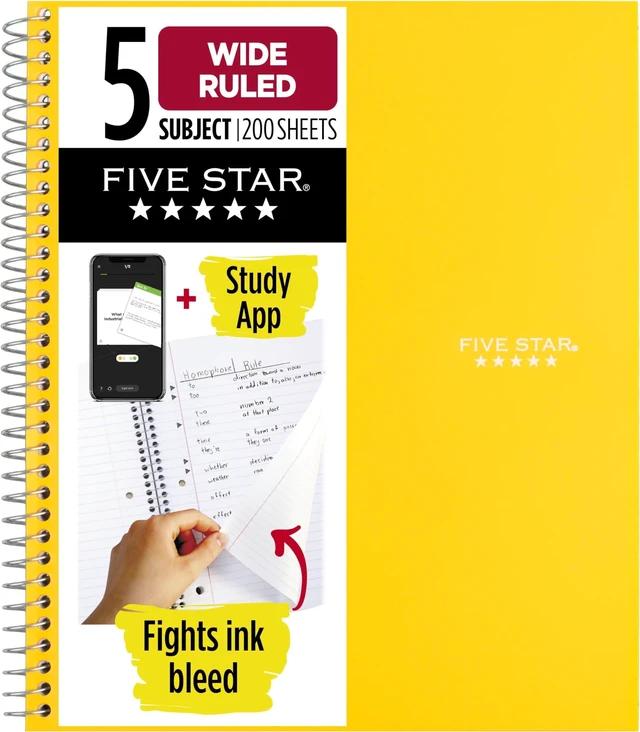 Main image of Spiral Notebook + Study App, 5 Subject, Wide Ruled Paper, 8" x 10-1/2", 200 Sheets, Fights Ink Bleed, Water Resistant Cover, Harvest Yellow (73469) (Pack of 6)