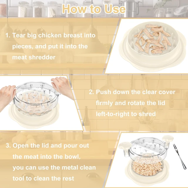 Alt view image 6 of 7 - Chicken Shredder Tool Twist Large Meat Shredder with Brush&Fork, Beige Visible Chicken Breast Shredder, Strong Anti-Slip Strip, Ergonomic Handle, BPA Free, Kitchen Gadgets for Pork Beef Chicken
