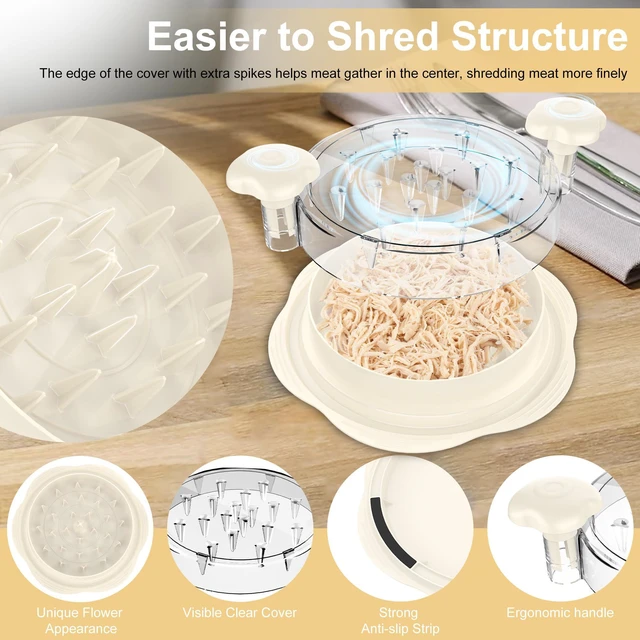 Alt view image 3 of 7 - Chicken Shredder Tool Twist Large Meat Shredder with Brush&Fork, Beige Visible Chicken Breast Shredder, Strong Anti-Slip Strip, Ergonomic Handle, BPA Free, Kitchen Gadgets for Pork Beef Chicken