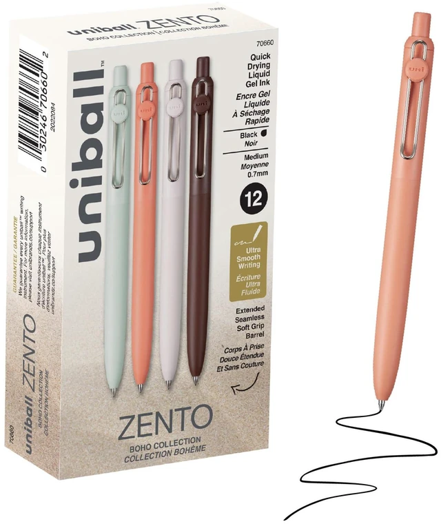 Main image of uniball Zento Gel Pens, Black Ink, 0.7mm Medium Point, 12 Count Retractable, Smooth Writing, Quick-Drying, No Smear, No Bleed, Boho Barrel Colors