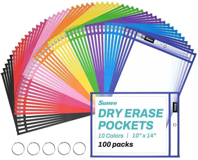 Main image of 100 Packs Oversized Reusable Dry Erase Pocket Sleeves with 5 Rings, 10 Assorted Colors 10x14 Ticket Holders, Clear Plastic Sheet Protectors, Teacher School Classroom Supplies