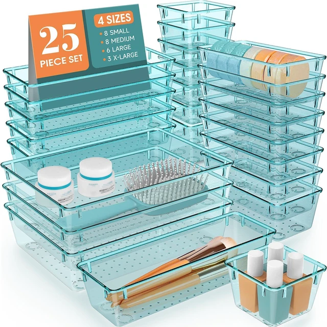 Main image of 25 PCS Clear Plastic Drawer Organizer, Makeup Organizers and Storage Bins 4 Sizes Desk Drawer Divider Organizers and Storage Bins for Jewelry, Gadgets for Kitchen, Bedroom, Bathroom, Office,Sea Blue