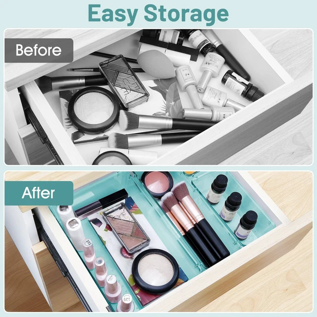 Alt view image 4 of 6 - 25 PCS Clear Plastic Drawer Organizer, Makeup Organizers and Storage Bins 4 Sizes Desk Drawer Divider Organizers and Storage Bins for Jewelry, Gadgets for Kitchen, Bedroom, Bathroom, Office,Sea Blue