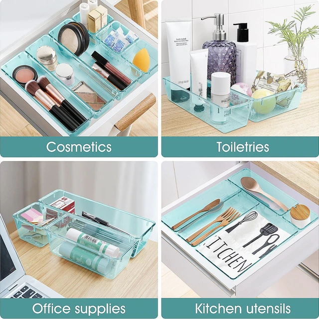 Alt view image 5 of 6 - 25 PCS Clear Plastic Drawer Organizer, Makeup Organizers and Storage Bins 4 Sizes Desk Drawer Divider Organizers and Storage Bins for Jewelry, Gadgets for Kitchen, Bedroom, Bathroom, Office,Sea Blue
