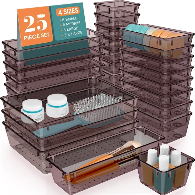 Main image of 25 PCS Plastic Drawer Organizer Set, Makeup Organizers and Storage Bins 4 Sizes Desk Drawer Divider Organizers and Storage Bins for Jewelry, Gadgets for Kitchen, Bedroom, Bathroom, Brown