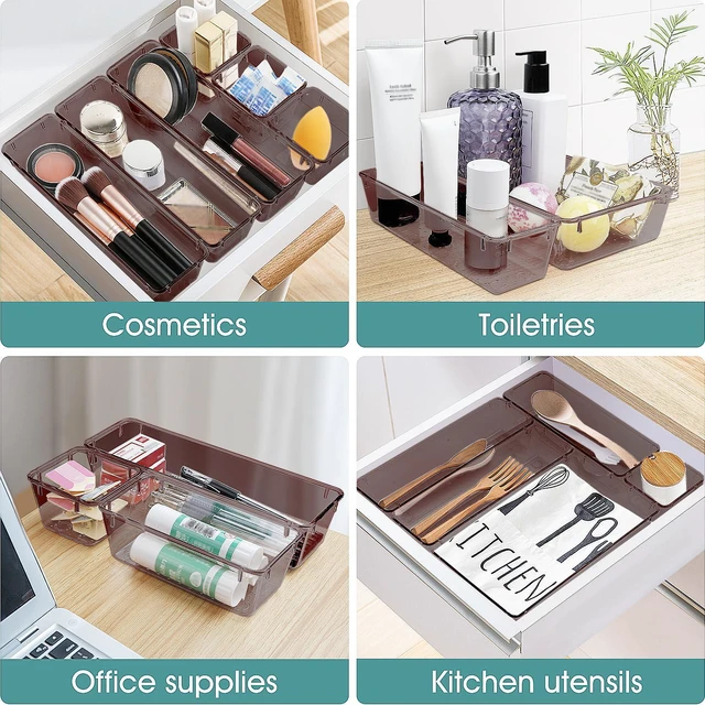 Alt view image 5 of 6 - 25 PCS Plastic Drawer Organizer Set, Makeup Organizers and Storage Bins 4 Sizes Desk Drawer Divider Organizers and Storage Bins for Jewelry, Gadgets for Kitchen, Bedroom, Bathroom, Brown