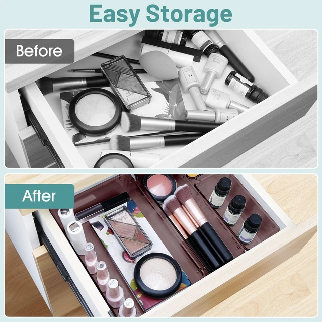 Alt view image 4 of 6 - 25 PCS Plastic Drawer Organizer Set, Makeup Organizers and Storage Bins 4 Sizes Desk Drawer Divider Organizers and Storage Bins for Jewelry, Gadgets for Kitchen, Bedroom, Bathroom, Brown