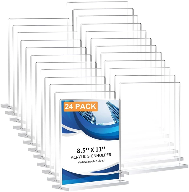Main image of 24 Pack Acrylic Sign Holder 8.5 x 11, Double-Sided Clear Sign Holder Plastic Stands for Display, T Shape Acrylic Table Sign Stands for Office Store Restaurants Wedding Party Decoration