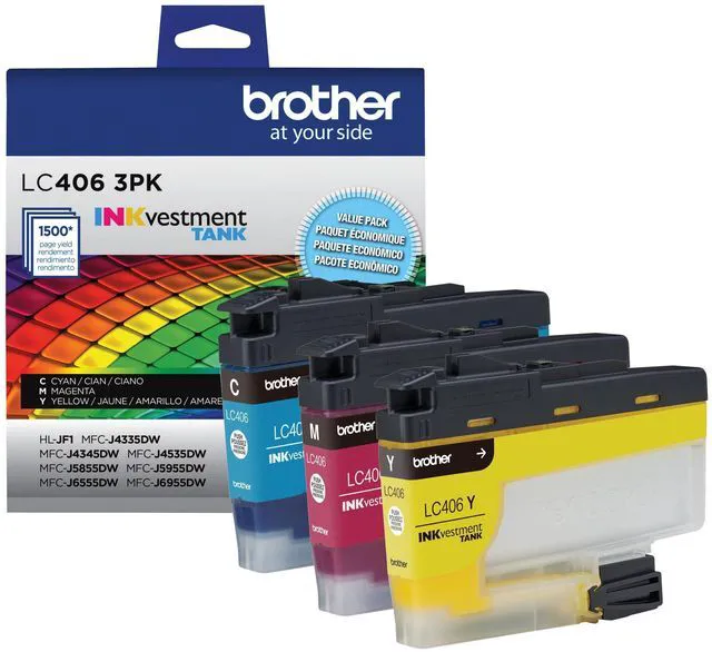 Main image of Genuine LC406 Ink Cartridges for INKvestment Tank Printers 3-pack cyan, magenta and yellow printer ink LC406 ink cartridges for select INKvestment Tank printers