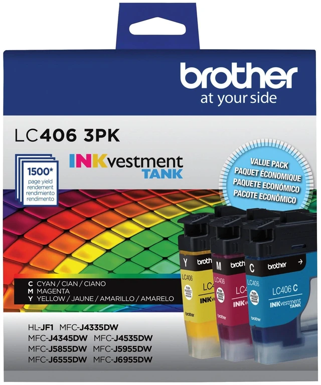Alt view image 2 of 7 - Genuine LC406 Ink Cartridges for INKvestment Tank Printers 3-pack cyan, magenta and yellow printer ink LC406 ink cartridges for select INKvestment Tank printers