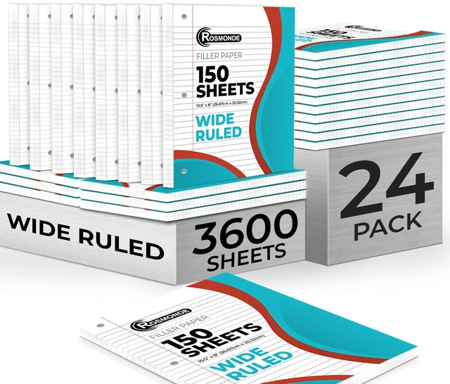 Main image of 3600 Sheets Loose Leaf Paper Bulk, 24 Pack, Wide Ruled Paper Bulk Notebook Paper, 8" x 10.5", 150 Sheets/Pack, Bulk Office Filler Paper, 3 Hole Punched, Wide Ruled Paper For Binder