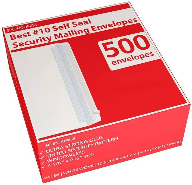 Main image of #10 Envelopes Letter Size Self Seal | 500 Business Mailing Security Peel and Sealing Envelope | 100% Tinted | no 10 White Windowless Legal Regular Plain Envelops Pack | 4-1/8 x 9-1/2 Inches | 24 LB