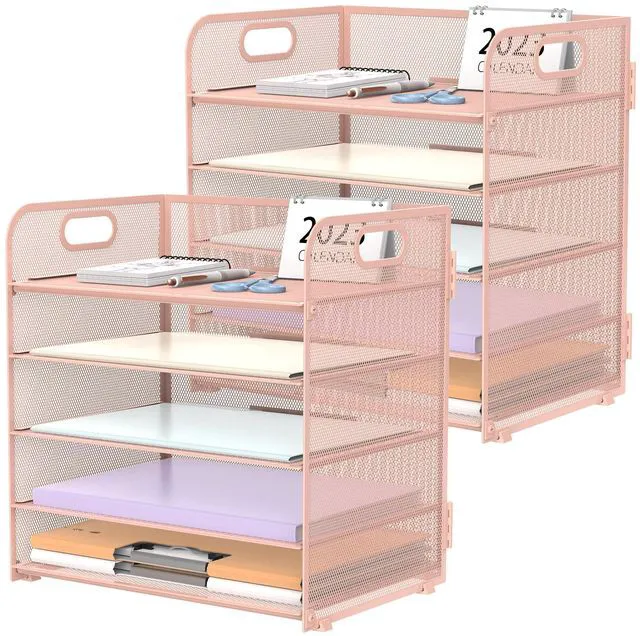 Main image of 2 Pack 5-Tier Pink Desk Organizer with Handle Mesh Desk File/Paper Organizer Letter Tray for Office, School, Classroom and Home Easy Installation