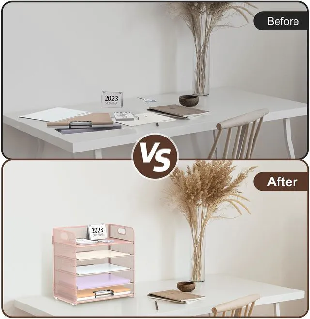Alt view image 4 of 6 - 2 Pack 5-Tier Pink Desk Organizer with Handle Mesh Desk File/Paper Organizer Letter Tray for Office, School, Classroom and Home Easy Installation