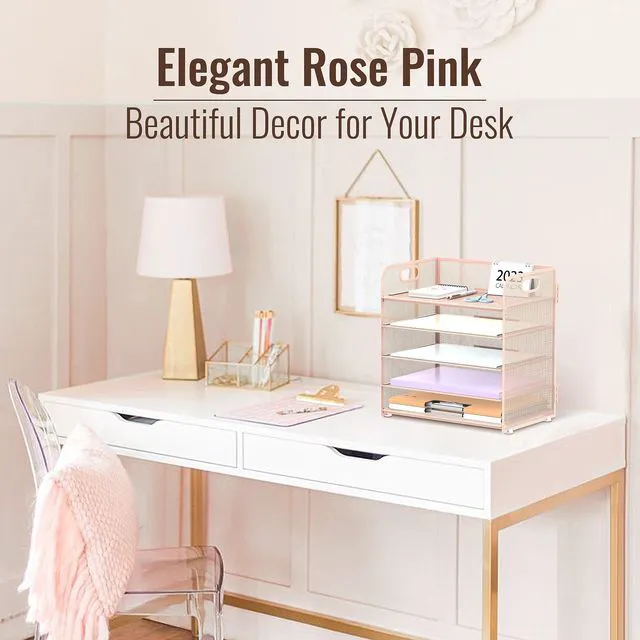 Alt view image 2 of 6 - 2 Pack 5-Tier Pink Desk Organizer with Handle Mesh Desk File/Paper Organizer Letter Tray for Office, School, Classroom and Home Easy Installation
