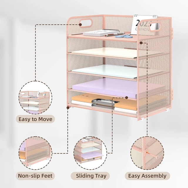 Alt view image 3 of 6 - 2 Pack 5-Tier Pink Desk Organizer with Handle Mesh Desk File/Paper Organizer Letter Tray for Office, School, Classroom and Home Easy Installation
