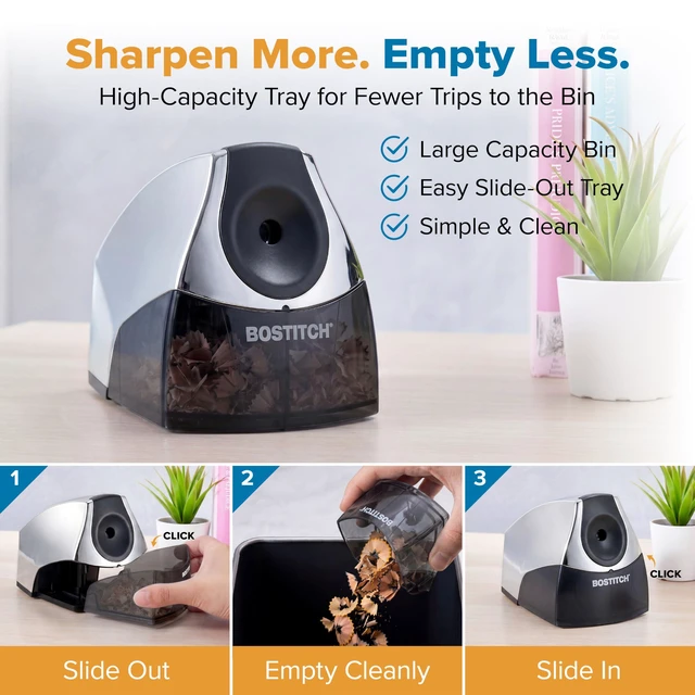 Alt view image 2 of 6 - Office Electric Pencil Sharpener for Classroom & Desk Use, Heavy-Duty Stall-Free Motor, High-Capacity Shavings Tray, Chrome