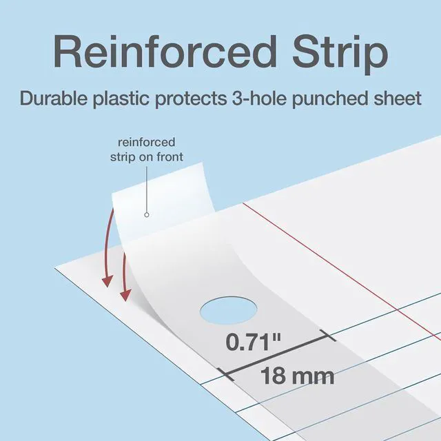 Alt view image 2 of 6 - Reinforced Lined Loose Leaf Notebook Paper, College Rule, 500 Sheets Plastic-reinforced strip guards the 3 holes from tearing. Five 100-sheet packs, college rule, 9/32 in spacing, 8.5 x 11 in