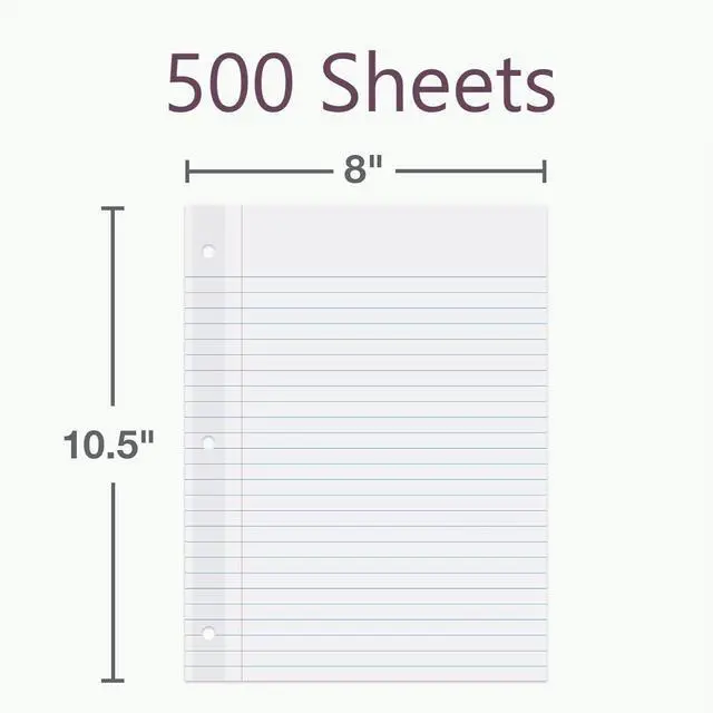 Alt view image 3 of 6 - Reinforced Lined Loose Leaf Notebook Paper, College Rule, 500 Sheets Plastic-reinforced strip guards the 3 holes from tearing. Five 100-sheet packs, college rule, 9/32 in spacing, 8.5 x 11 in